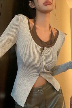 Y2K Aesthetic Halter Slit Cropped Knit Top - Coquette & Grunge Style, Cute &