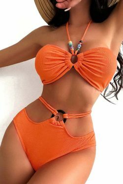Y2K Aesthetic Halter Swimsuit with Metal Ring Detail and High Waist Split
