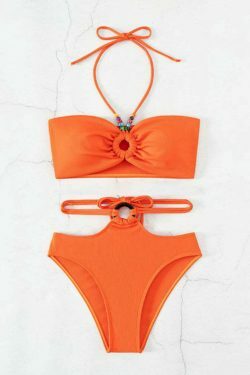 Y2K Aesthetic Halter Swimsuit with Metal Ring Detail and High Waist Split