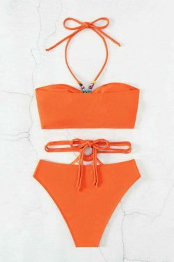 Y2K Aesthetic Halter Swimsuit with Metal Ring Detail and High Waist Split