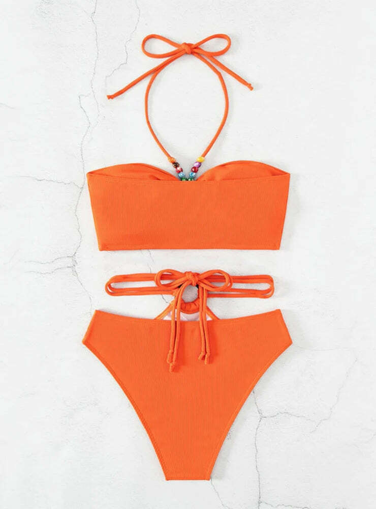Y2K Aesthetic Halter Swimsuit with Metal Ring Detail and High Waist Split