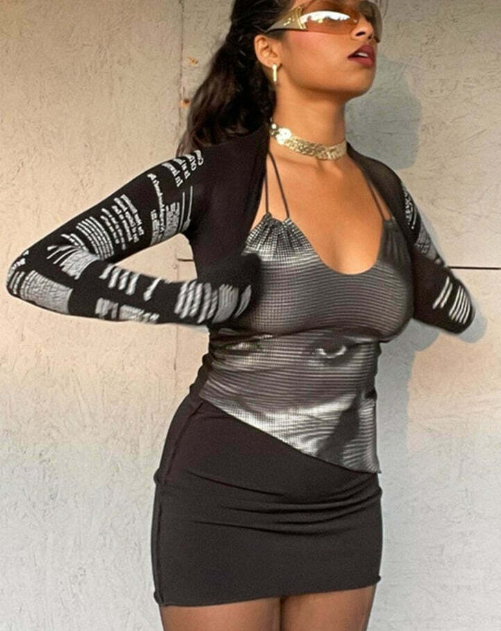 Y2K Aesthetic Halter Top Set with Stylish Print - Women's Fashion