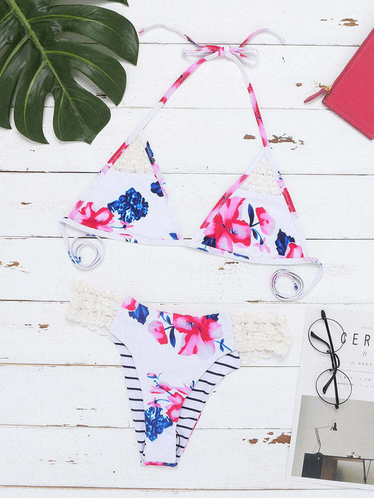 Y2K Aesthetic Halter Triangle String Bikini - Coquette Grunge Fashion, Pastel Goth Vibes