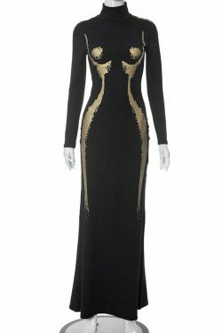 Y2K Aesthetic High-Neck Casual Dress with 3D Body Printing - Coquette & Grunge Style Fashion