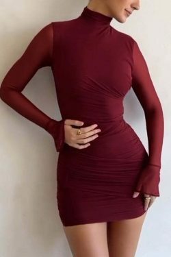 Y2K Aesthetic High-Neck Flared Long-Sleeved Dress for Women - Coquette Style Grunge Fashion