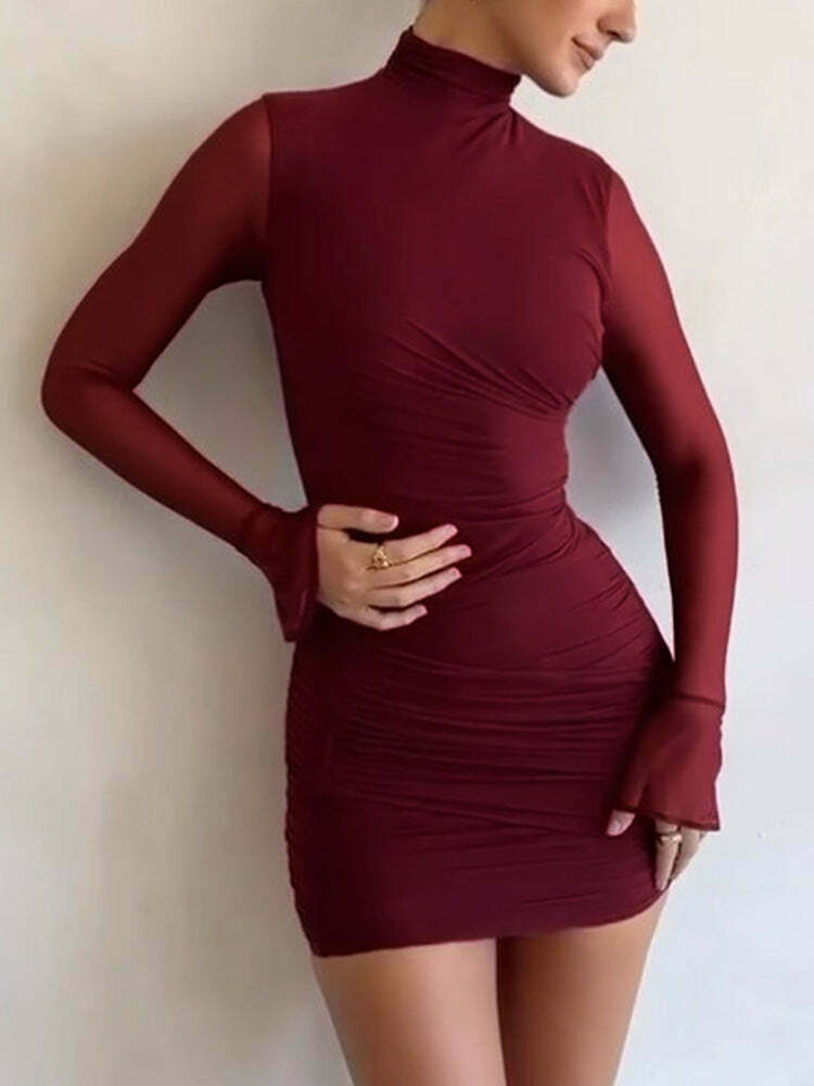 Y2K Aesthetic High-Neck Flared Long-Sleeved Dress for Women - Coquette Style Grunge Fashion Y2K Aesthetic High-Neck Flared Long-Sleeved Dress for Women - Coquette Style Grunge Fashion