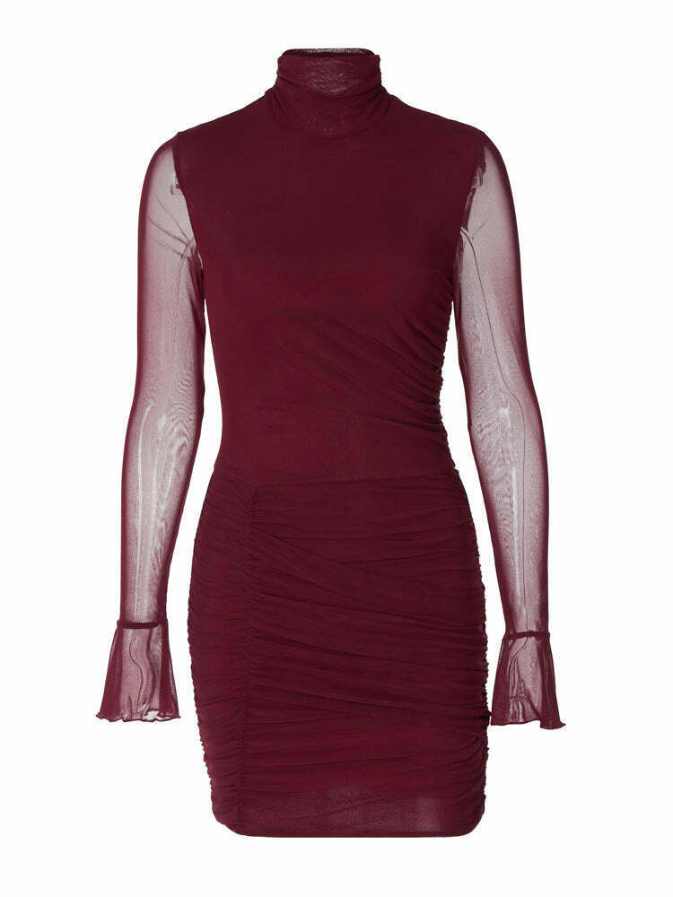 Y2K Aesthetic High-Neck Flared Long-Sleeved Dress for Women - Coquette Style Grunge Fashion Y2K Aesthetic High-Neck Flared Long-Sleeved Dress for Women - Coquette Style Grunge Fashion