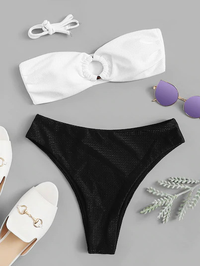 Y2K Aesthetic High Cut Bandeau Bikini Set in Two Tone Color Y2K Aesthetic High Cut Bandeau Bikini Set in Two Tone Color