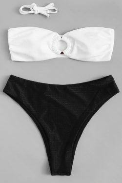 Y2K Aesthetic High Cut Bandeau Bikini Set in Two Tone Color
