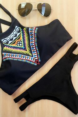 Y2K Aesthetic High Neck Push-Up Bikini Set with Geometric Design