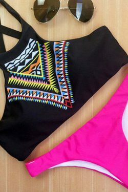 Y2K Aesthetic High Neck Push-Up Bikini Set with Geometric Design