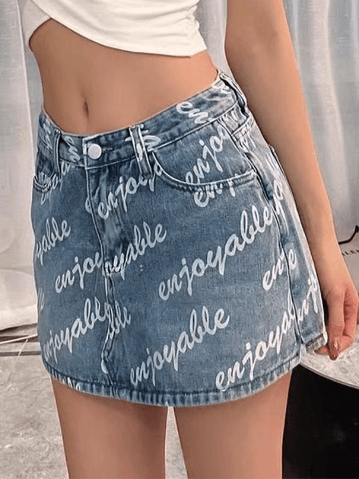 Y2K Aesthetic High Waist Denim Skirt with Letter Print Y2K Aesthetic High Waist Denim Skirt with Letter Print