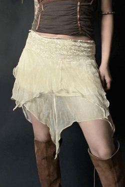 Y2K Aesthetic High Waist Mesh Asymmetric Hem Mini Skirt - Coquette Style Grunge Fashion
