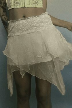 Y2K Aesthetic High Waist Mesh Asymmetric Hem Mini Skirt - Coquette Style Grunge Fashion