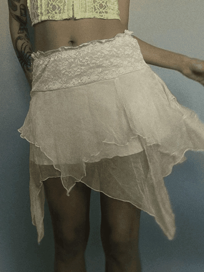 Y2K Aesthetic High Waist Mesh Asymmetric Hem Mini Skirt - Coquette Style Grunge Fashion