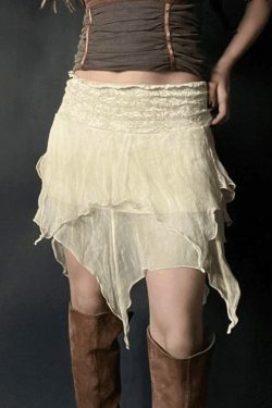 Y2K Aesthetic High Waist Mesh Asymmetric Hem Mini Skirt - Coquette Style Grunge Fashion