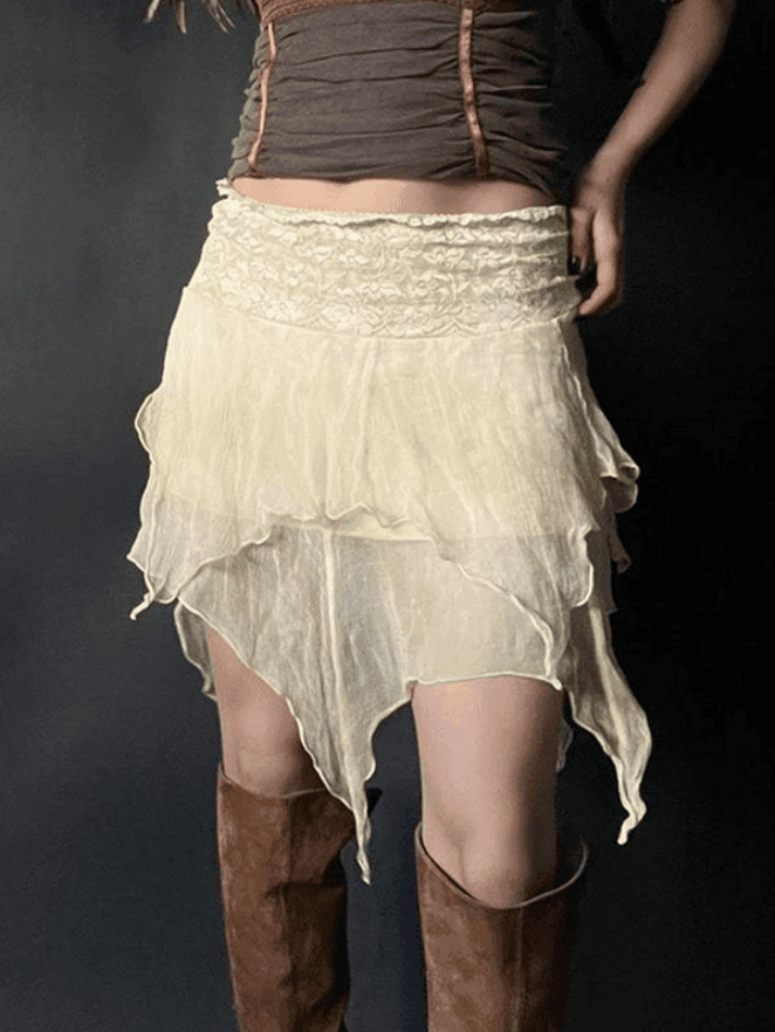 Y2K Aesthetic High Waist Mesh Asymmetric Hem Mini Skirt - Coquette Style Grunge Fashion