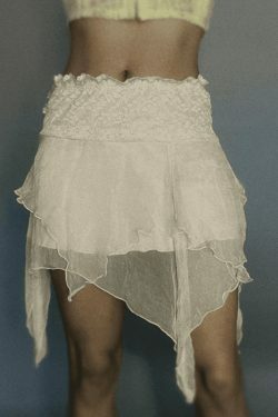 Y2K Aesthetic High Waist Mesh Asymmetric Hem Mini Skirt - Coquette Style Grunge Fashion