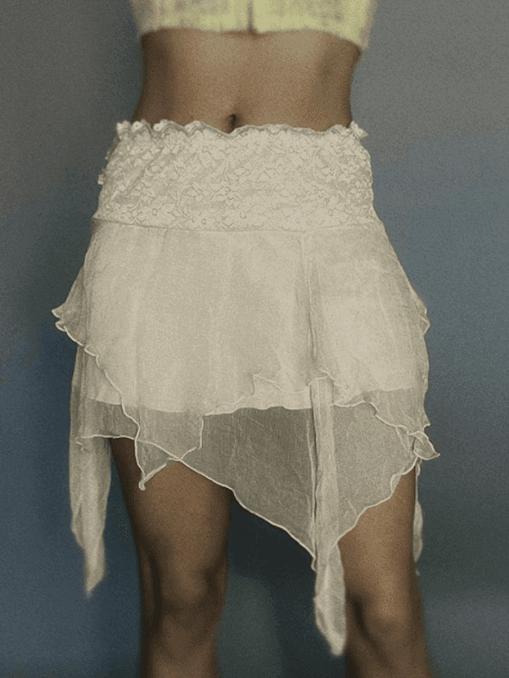 Y2K Aesthetic High Waist Mesh Asymmetric Hem Mini Skirt - Coquette Style Grunge Fashion