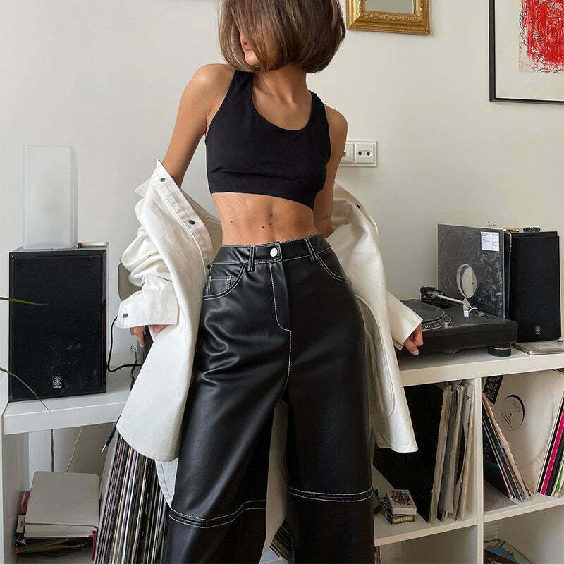 Y2K Aesthetic High Waist PU Leather Trousers Pants - Coquette Grunge Style Women's Fashion