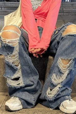 Y2K Aesthetic High Waist Ripped Jeans - Coquette Grunge & Pastel Goth Style