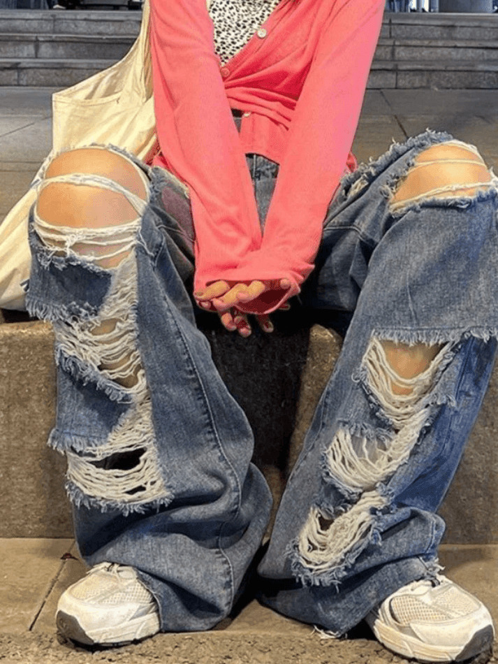 Y2K Aesthetic High Waist Ripped Jeans - Coquette Grunge & Pastel Goth Style Y2K Aesthetic High Waist Ripped Jeans - Coquette Grunge & Pastel Goth Style