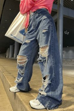 Y2K Aesthetic High Waist Ripped Jeans - Coquette Grunge & Pastel Goth Style