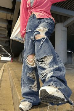 Y2K Aesthetic High Waist Ripped Jeans - Coquette Grunge & Pastel Goth Style