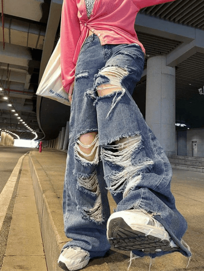 Y2K Aesthetic High Waist Ripped Jeans - Coquette Grunge & Pastel Goth Style Y2K Aesthetic High Waist Ripped Jeans - Coquette Grunge & Pastel Goth Style