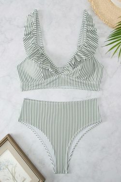 Y2K Aesthetic High Waist Ruffled Striped Swimsuit for Niche Women Fashion