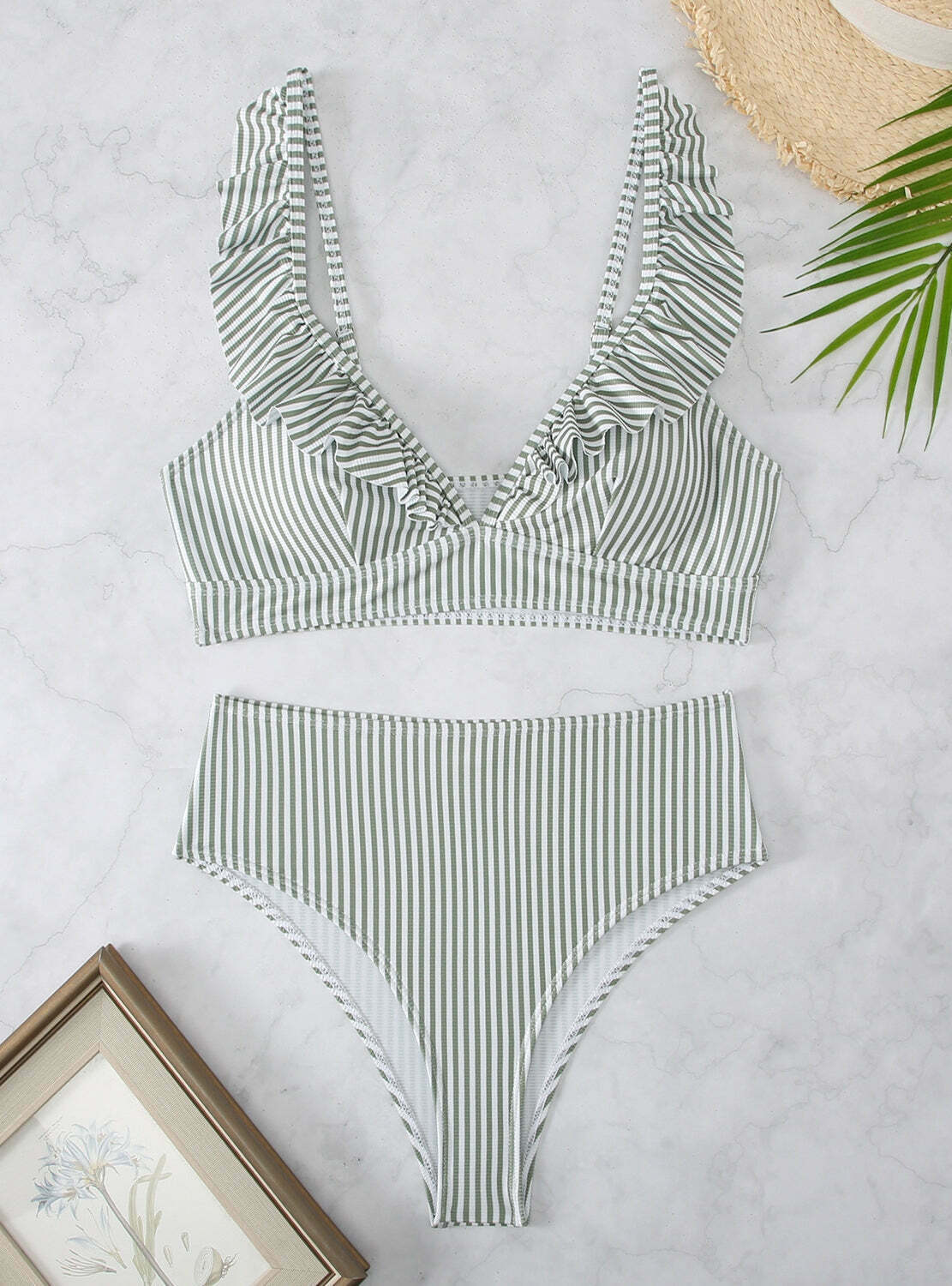 Y2K Aesthetic High Waist Ruffled Striped Swimsuit for Niche Women Fashion Y2K Aesthetic High Waist Ruffled Striped Swimsuit for Niche Women Fashion