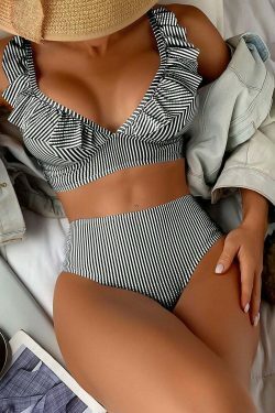 Y2K Aesthetic High Waist Ruffled Striped Swimsuit for Niche Women Fashion
