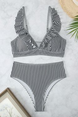 Y2K Aesthetic High Waist Ruffled Striped Swimsuit for Niche Women Fashion