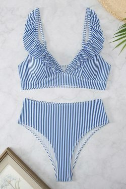 Y2K Aesthetic High Waist Ruffled Striped Swimsuit for Niche Women Fashion