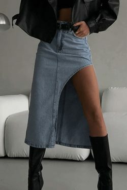 Y2K Aesthetic High Waist Slit Denim Skirt - Coquette & Grunge Style Women's Fashion
