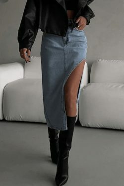 Y2K Aesthetic High Waist Slit Denim Skirt - Coquette & Grunge Style Women's Fashion