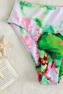 Y2K Aesthetic High Waist Split Swimsuit with Multi-Color Print - Coquette Fashion for Women