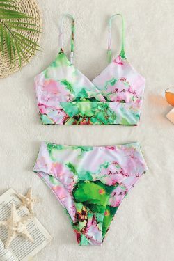 Y2K Aesthetic High Waist Split Swimsuit with Multi-Color Print - Coquette Fashion for Women