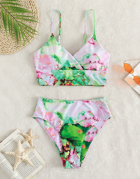 Y2K Aesthetic High Waist Split Swimsuit with Multi-Color Print - Coquette Fashion for Women Y2K Aesthetic High Waist Split Swimsuit with Multi-Color Print - Coquette Fashion for Women