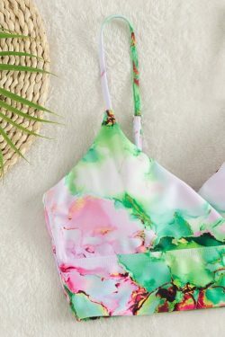 Y2K Aesthetic High Waist Split Swimsuit with Multi-Color Print - Coquette Fashion for Women