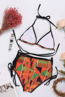 Y2K Aesthetic High Waist Triangle Halter String Print Bikini Swimwear Swimsuit
