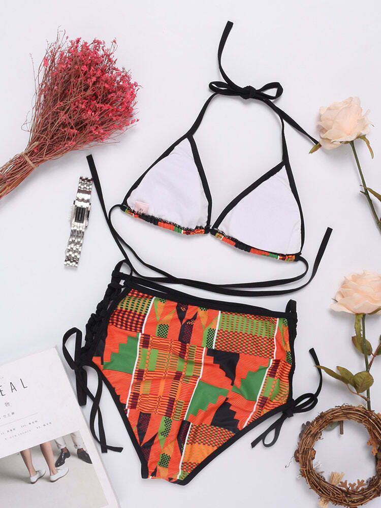 Y2K Aesthetic High Waist Triangle Halter String Print Bikini Swimwear Swimsuit