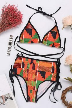 Y2K Aesthetic High Waist Triangle Halter String Print Bikini Swimwear Swimsuit