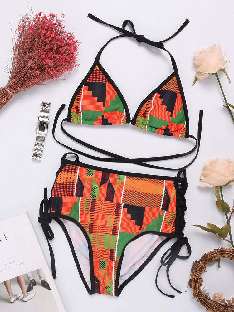 Y2K Aesthetic High Waist Triangle Halter String Print Bikini Swimwear Swimsuit