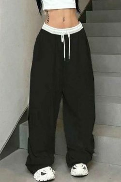 Y2K Aesthetic Hip Pop Contrast Splice Drawstring Sweatpants
