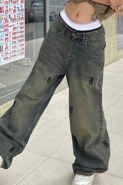 Y2K Aesthetic Hip Pop Low Waist Letter Print Boyfriend Jeans