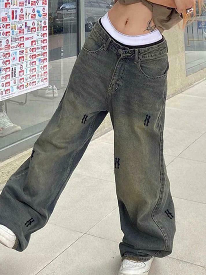 Y2K Aesthetic Hip Pop Low Waist Letter Print Boyfriend Jeans Y2K Aesthetic Hip Pop Low Waist Letter Print Boyfriend Jeans