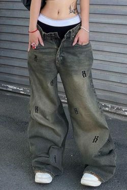 Y2K Aesthetic Hip Pop Low Waist Letter Print Boyfriend Jeans