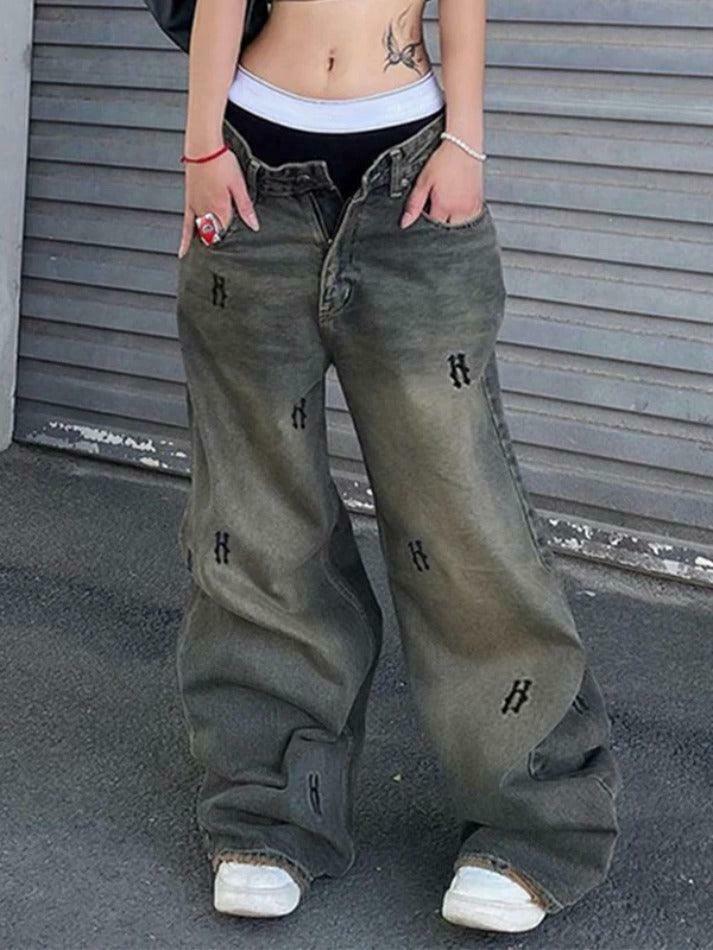 Y2K Aesthetic Hip Pop Low Waist Letter Print Boyfriend Jeans Y2K Aesthetic Hip Pop Low Waist Letter Print Boyfriend Jeans