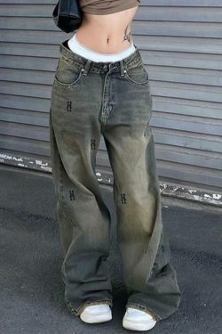 Y2K Aesthetic Hip Pop Low Waist Letter Print Boyfriend Jeans